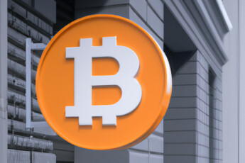 Bitcoin logo outside grey bank building, 3D photo realistic.