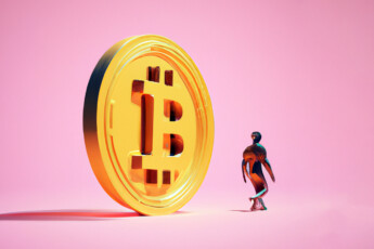 Man walking past Bitcoin coin, 3d rendering.