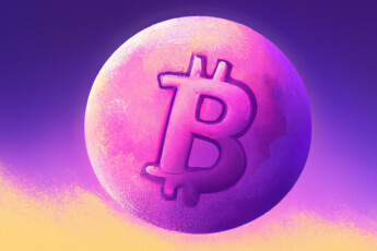 Purple Bitcoin moon illustration.