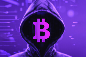 Purple hooded Bitcoin character, Satoshi Nakamoto.