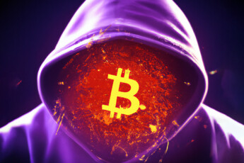 Purple hooded man with Bitcoin logo as face, Satoshi Nakamoto.